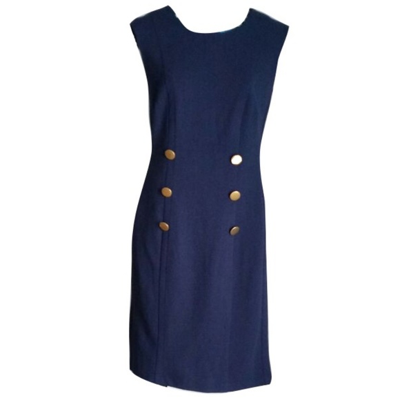 Connected Apparel Button-Accent Sheath Dress Navy - Picture 2 of 3